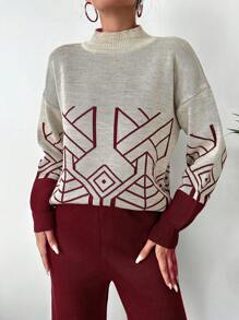 EURMUSE Conjunto De Suéter Con Cuello Alto Y Pantalón De Punto Para Mujer Con Patrón Geométrico - Burdeos - Ver 5