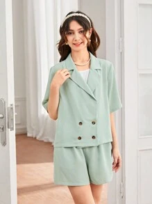 SHEIN Débardeur tricoté pour fille adolescente, et veste de style blazer décontractée élégante de couleur verte claire avec short, ensemble de 3 pièces - Vert - Voir 6