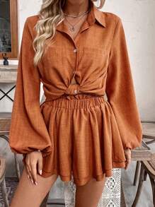 Breezaya Ladies' Vacation Style Solid Color Lantern Sleeve Shirt And Shorts Two Pieces Set - Orange - View 4