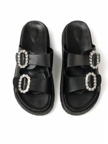 女式夏季鑲有鑽石裝飾的楔跟平台涼鞋 - 黑色 - 查看 5