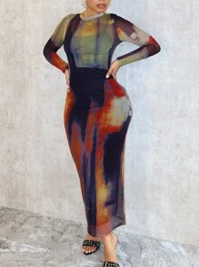 INAWLY Đầm bodycon dài tay màu tương phản cổ đứng dành cho nữ - Nhiều màu - Xem 3