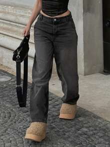 MYOURSA Casual Washed High Waist Loose Straight Leg Jeans - Black - View 5