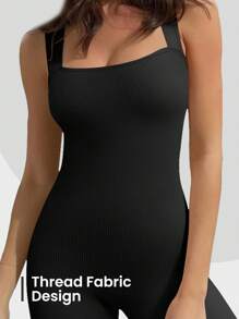 Seamluxe SHEIN Sport Damen einfarbiger Sport-Jumpsuit mit quadratischem Ausschnitt, enge Silhouette, Full-Body-Sport-Jumpsuit, Fitnessoutfit für Frauen