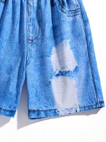 Tween Boy Casual Denim Effect Printed Turn-Down Collar Short Sleeve Shirt And Shorts Woven 2pcs Outfit Set