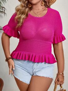 SHEIN VCAY Top de talla grande con dobladillo de volantes para vacaciones - Rosa Fucsia - Ver 4