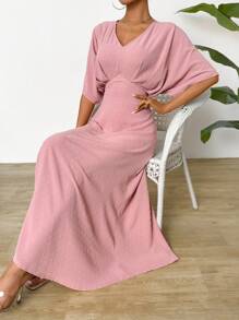 SHEIN LUNE Vestido de verano elegante para mujer de unicolor con escote en V - Rosa - Ver 1