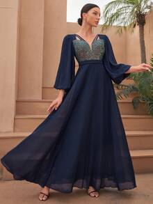 Elegante abito a-line in chiffon con maniche a lanterna, scollo a v scintillante, orlo con paillettes, abito lungo da ballo, da cerimonia di matrimonio, per compleanni, lauree, homecoming - Blu Navy - Visualizzare 3