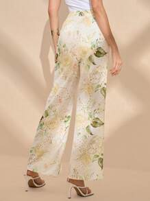 Anewsta Women's Random Plant Printed Simple Daily Long Pants - Apricot - View 2