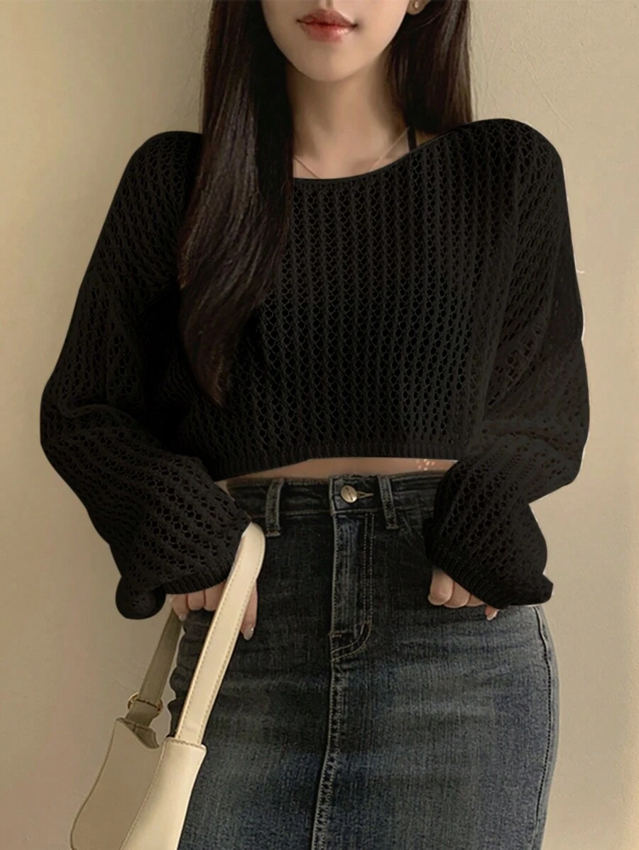 DAZY 女士短款纯色镂空针织毛衣，春夏款，透视款 - 黑色 - 查看 1