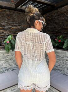 SHEIN SXY Women's Fashionable Solid Color Hollow Out Short Sleeve Top Summer Vacation Holiday Beach BOHO Sexy Boho Birthday Bachelorette Party - Apricot - View 2