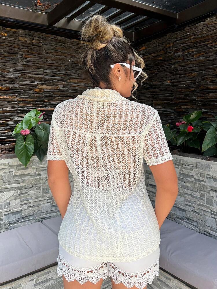 Women's Fashionable Solid Color Hollow Out Short Sleeve Top Summer Vacation Holiday Beach BOHO Sexy Boho Birthday Bachelorette Party
