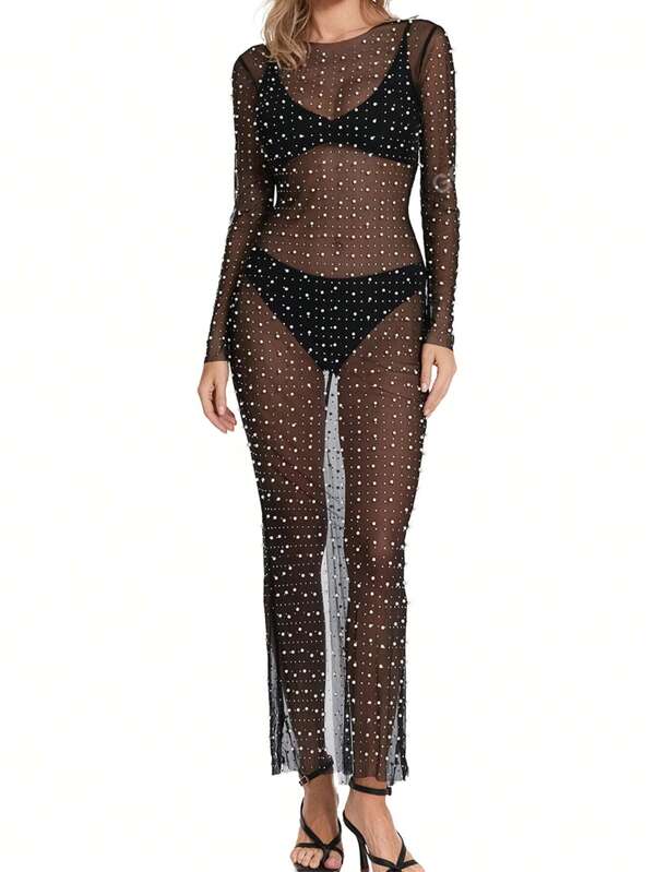 Summer Sexy Pearl & Rhinestone Decoration See-Through Mesh Backless Split Dress
