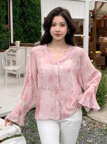 DAZY Women's Floral Print Chiffon Bell Sleeve Elegant Blouse,Ruffle Sheer