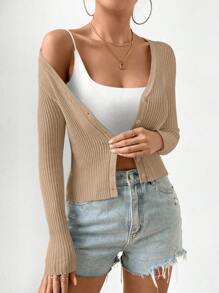 Elenzga 女士修身純色，簡約針織開衫適合日常穿著 - 杏色 - 查看 4