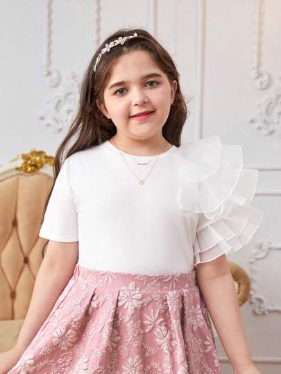 SHEIN Tween Girl Extended Size Casual Mesh Layered Ruffle Short Sleeve T-Shirt
