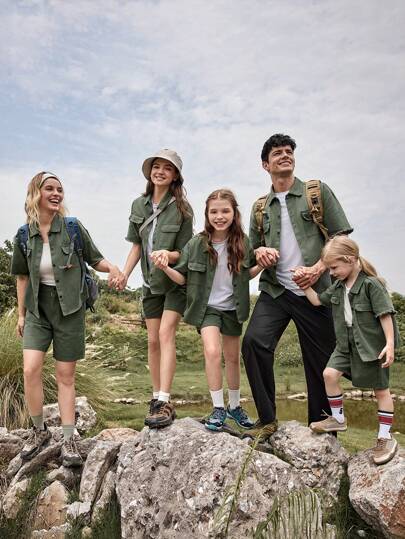 Tween Girl Summer Outdoor Casual Solid Color Short Sleeve Workwear Shirt And Shorts, 2pcs/Set