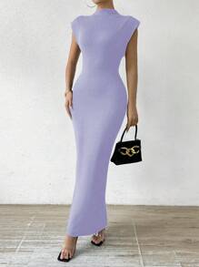 SHEIN Privé Vestido de verano para mujer con cuello alto, manga corta y ajustado al Body de unicolor - Morado - Ver 5