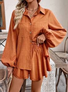 Breezaya Ladies' Vacation Style Solid Color Lantern Sleeve Shirt And Shorts Two Pieces Set - Orange - View 6
