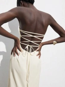 Maija 米色半正式法式女式纯色简约优雅性感派对音乐节庆典婚礼露背抹胸连衣裙 - 杏色 - 查看 3