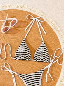 SHEIN Swim 女士夏季海灘條紋露肩比基尼套裝，可拆卸有墊杯