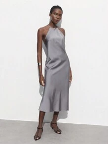 Maija Đầm cổ yếm màu xám thanh lịch dành cho nữ, thiết kế đô thị hiện đại, váy thường ngày hở lưng màu trơn tối giản bán trang trọng dành cho quý cô - Màu nâu  Mocha - Xem 1