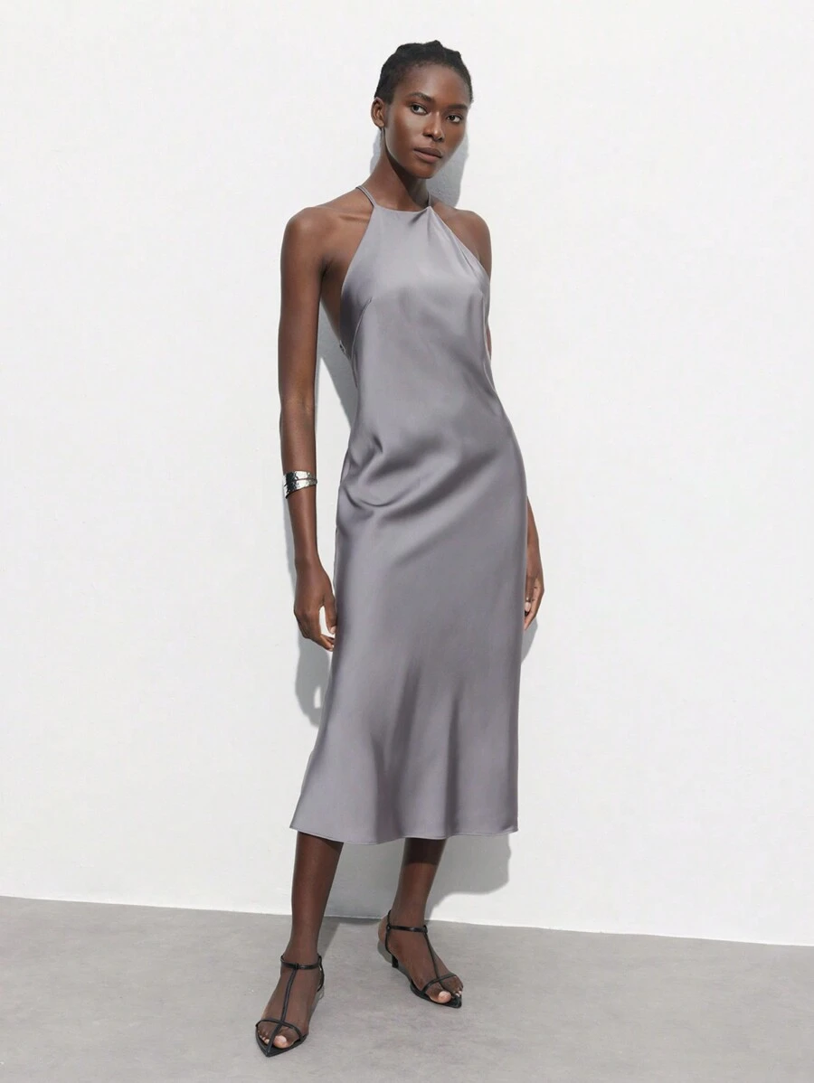 Maija Đầm cổ yếm màu xám thanh lịch dành cho nữ, thiết kế đô thị hiện đại, váy thường ngày hở lưng màu trơn tối giản bán trang trọng dành cho quý cô - Màu nâu Mocha - Xem 1