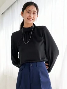 Aveloria Women's Solid Color Pleated Stand Collar Long Sleeve Shirt Fall Cloth For Women - Black - View 6