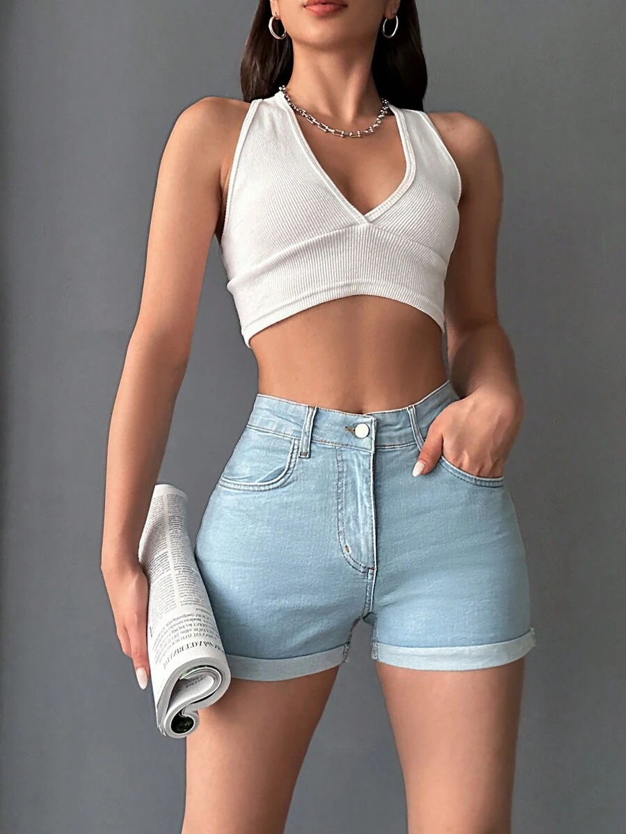 EURMUSE Của phụ nữ Frayed Hem Quần short Denim - Rửa nhẹ - Xem 1