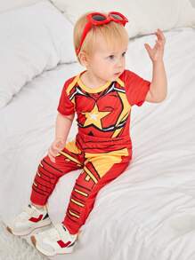 SHEIN 2pcs Baby Boys' Casual Home Daily Wear Cute Robot Muscle Pattern Printed Outfit - Red - View 4