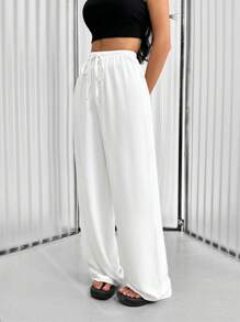 Flirla Casual Solid Color Drawstring Waist Straight-Leg Long Pants Fall Cloth For Women - White - View 3