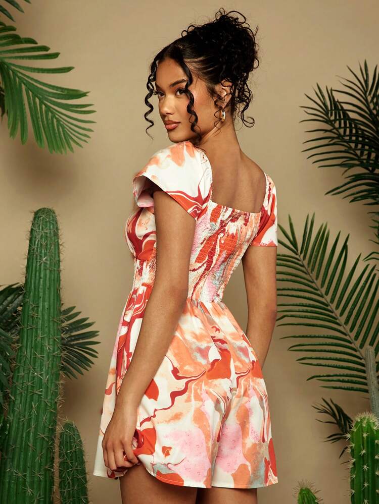 Women's Summer Vacation Geometric Printed Sling Sweetheart Neckline Short Cap Sleeve Casual Jumpsuit With Front Tie