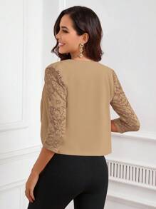 SHEIN Clasi Women's Sleeve Lace Patchwork Open Front Blazer Jacket In Fall/Winter - Camel - View 2