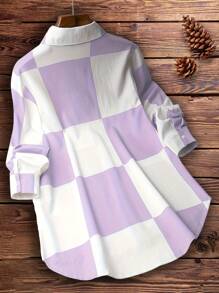 New Arrival Fashion Women's Clothing Elegant Versatile Color Block Plaid Casual Long Sleeve Shirt - Purple - View 2