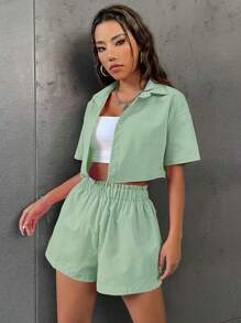 SHEIN Unity Bộ áo sơ mi ngắn tay và quần short trơn đơn giản mùa hè - màu xanh lá - Xem 5
