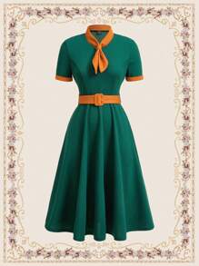 Vintamour Vestido de mujer elegante y vintage con bloqueo de color, moño, cinturón en la cintura, perfecto para vacaciones de primavera y verano, vestido paraguas, vestido de verano, vestido de verano, trajes de verano para mujeres, vestidos midi de mujer, atuendo de mujer para conciertos, ropa vintage de mujer, atuendo de mujer para conciertos de country - Verde - Ver 1