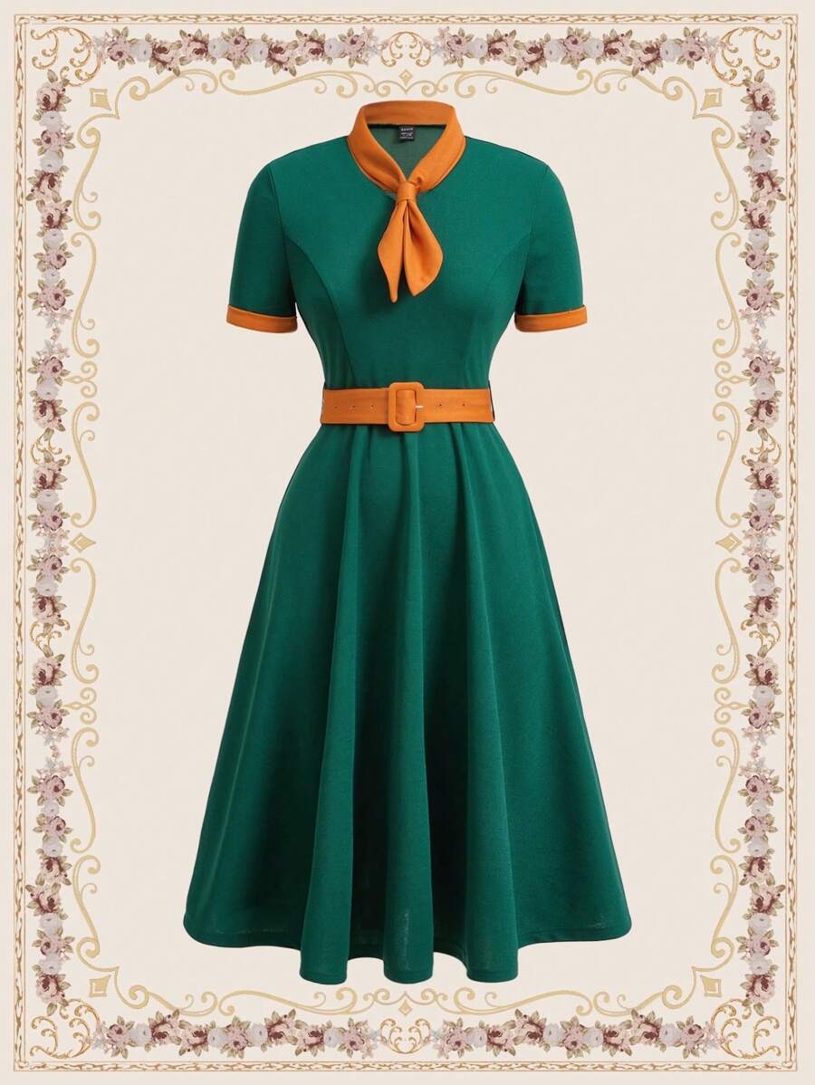 Vintamour Vestido de mujer elegante y vintage con bloqueo de color, moño, cinturón en la cintura, perfecto para vacaciones de primavera y verano, vestido paraguas, vestido de verano, vestido de verano, trajes de verano para mujeres, vestidos midi de mujer, atuendo de mujer para conciertos, ropa vintage de mujer, atuendo de mujer para conciertos de country - Verde - Ver 1
