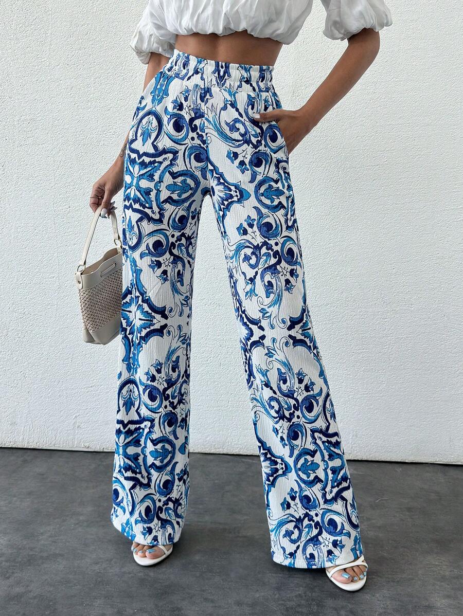 EURMUSE Plus Women's Bohemian Wide Leg Straight Pants For Spring & Summer - Blue and White - View 1