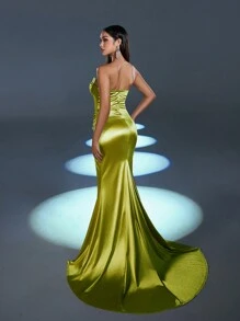 Faeriesty Rhinestone Detail Ruched Bustier Slit Mermaid Dress - Olive Green - View 2