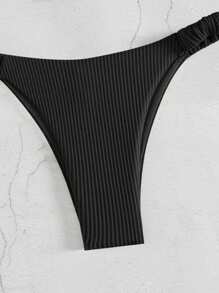 SHEIN Swim Women's Solid Color Ruffle Bikini Set For Summer Beach, With Special Fabric - Black - View 5