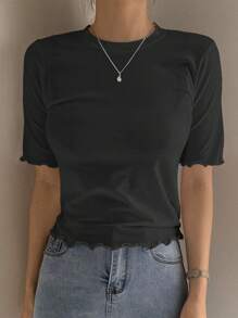 DAZY Women's Solid Color Fitted T-Shirt With Frill Trim Design Summer - Black - View 3