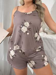 Set pijama de vară cu top și pantaloni scurți, mărime plus, cu imprimeu floral, ținute - Maro - Vizualizare 4