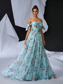 SHEIN Belle Elegant, Gorgeous And Romantic, Mint Green Shimmer Chiffon Organza Digitally Printed Off Shoulder With Removable Bow Sleeves, Mesh Slip And Oversized Hem And Train. Perfect For Vacation. Perfect For Dates, Bachelorette Parties, Holiday Parties, Proms And Formal Events. Evening Dress - Green - View 1