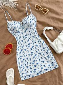 Soleia Màu xanh trắng hoa dệt kim Bodycon dây rút dây đeo lãng mạn giản dị kỳ nghỉ váy ngắn cong của phụ nữ - Xanh và trắng - Xem 1