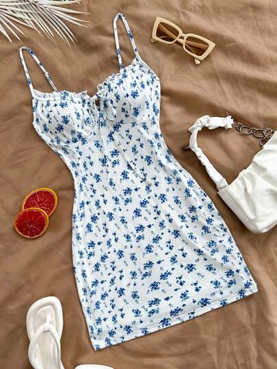 Soleia Blue & White Floral Knit Bodycon Drawstring Strap Romantic Casual Vacation Women's Curvy Short Dress