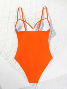 SHEIN Swim 女款純色打結前扣一件式泳裝，適合度假、夏季海灘 - 橘色 - 查看 3