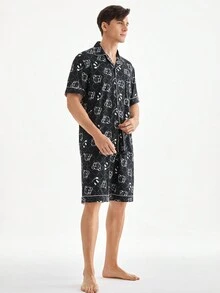 男士流行熊印花短袖衫和短褲家居服套裝 - 黑色 - 查看 8