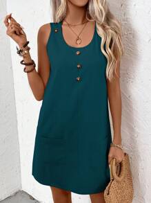 EMERY ROSE Solid Color Sleeveless Casual Dress With Pockets And Round Neckline For Summer - Teal Blue - View 3