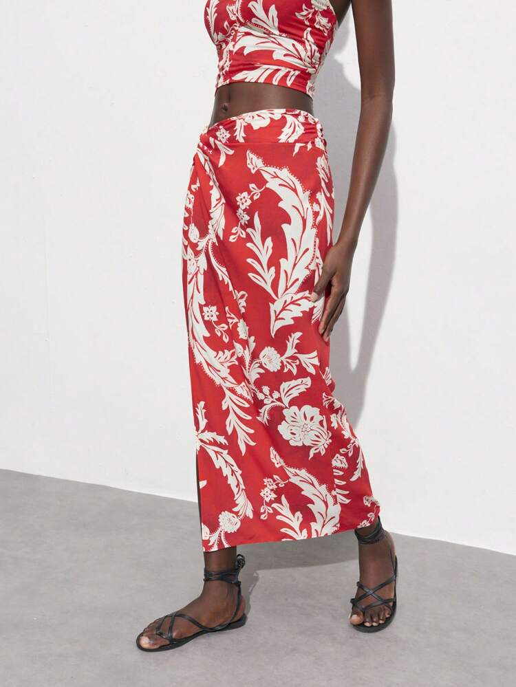 SHEIN Maija Roter Rock für Damen im Urlaub-Stil mit Blumenmuster, Knoten und Schlitz-Details am Saum