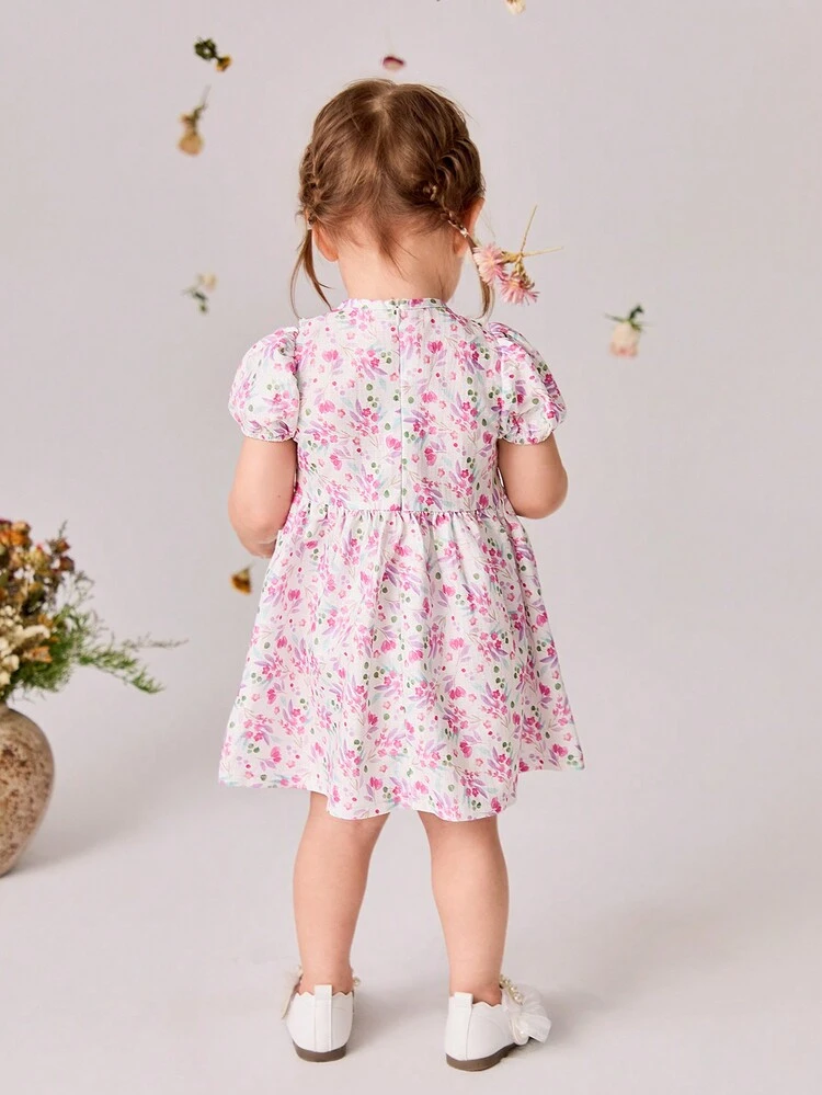 Fashionable European And American Style Princess Dress With Ruffle And Ditsy Floral For Baby Girls