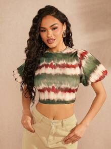 Hauture Backless Tie-Dye Puff Sleeve Top Brush Print - Multicolor - View 2